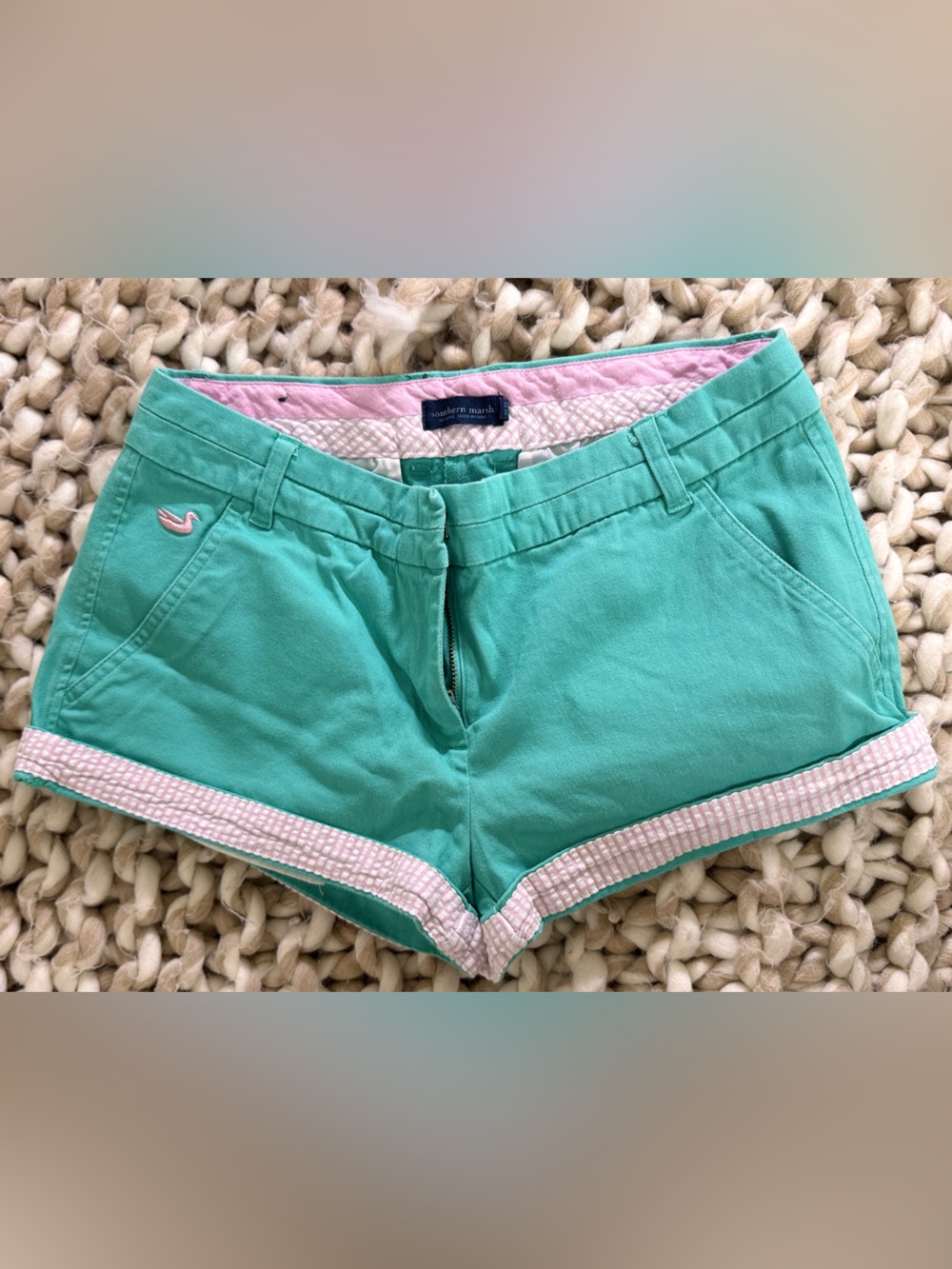 Southern Marsh Mint Green Shorts with Pink Seersucker Accents
